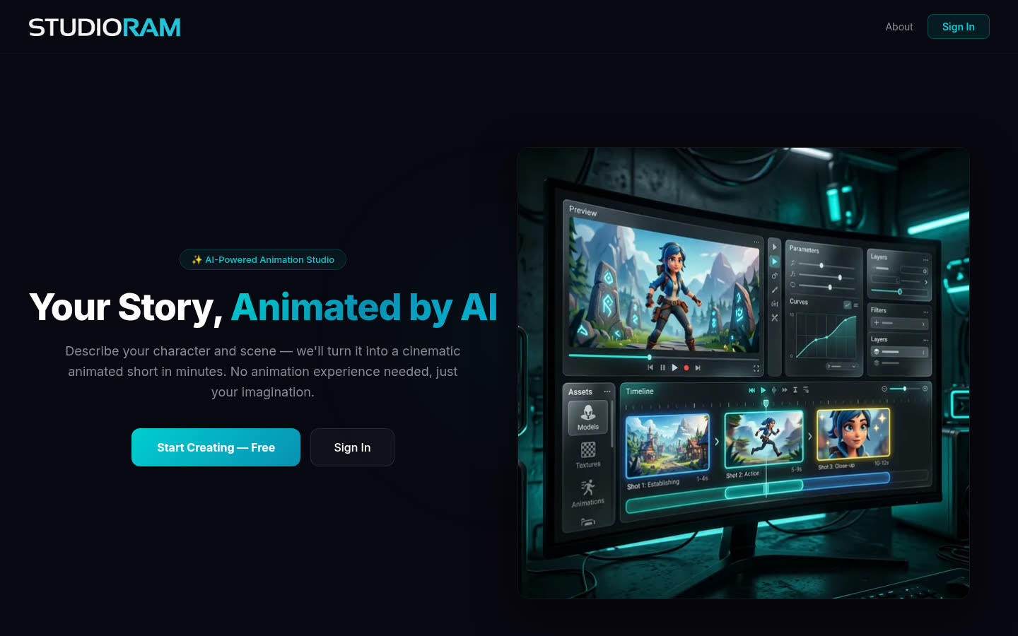 create.studioram.app welcome: Your Story, Animated by AI with Start Creating Free