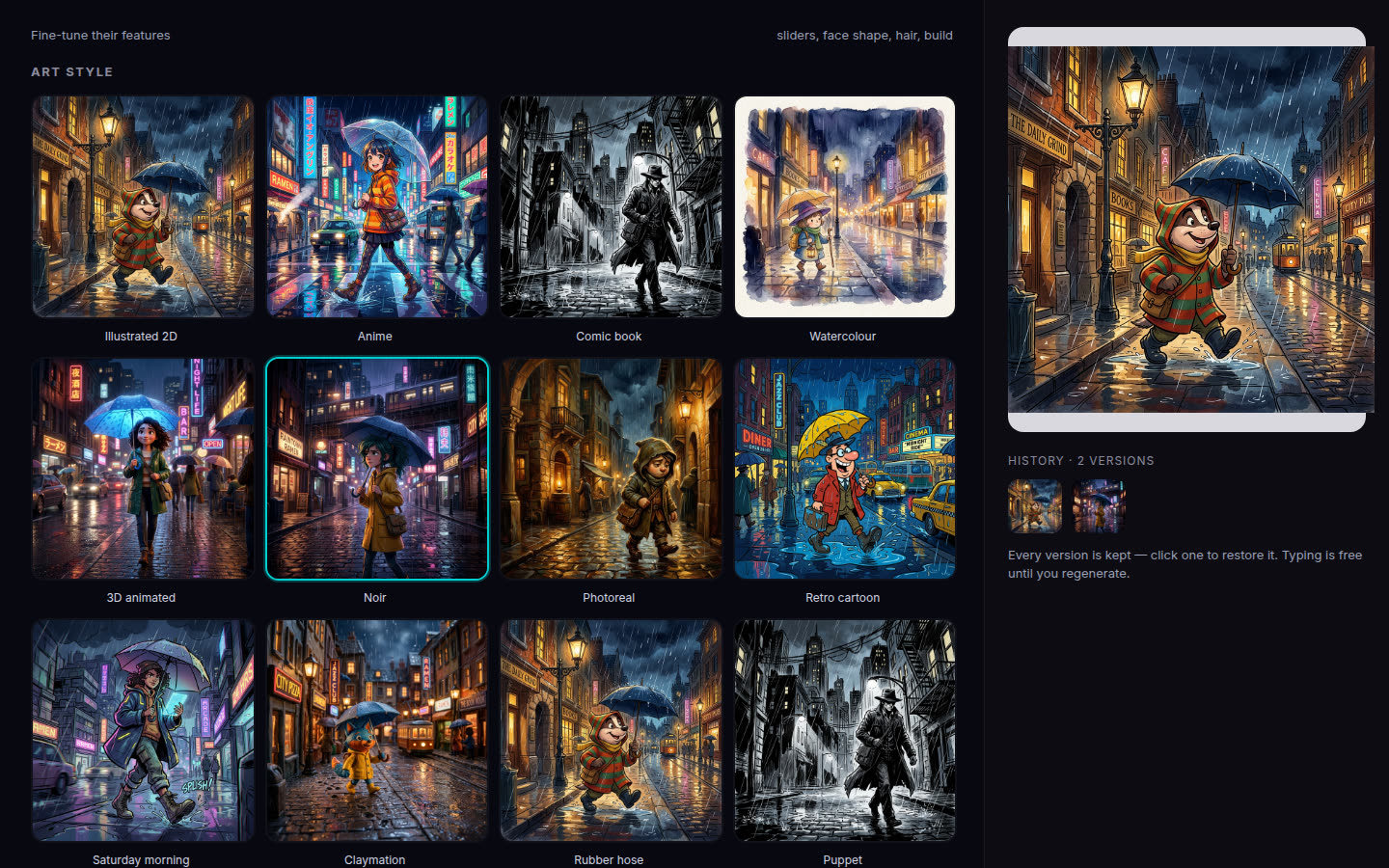 Character art style grid with Noir selected and version history