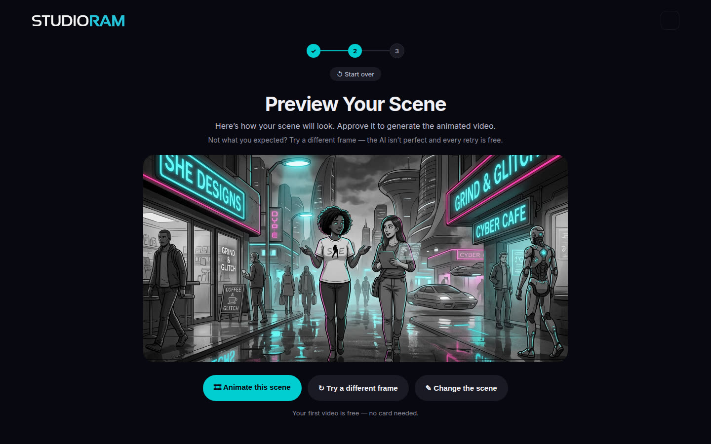 Preview Your Scene with Animate this scene, Try a different frame, and Change the scene
