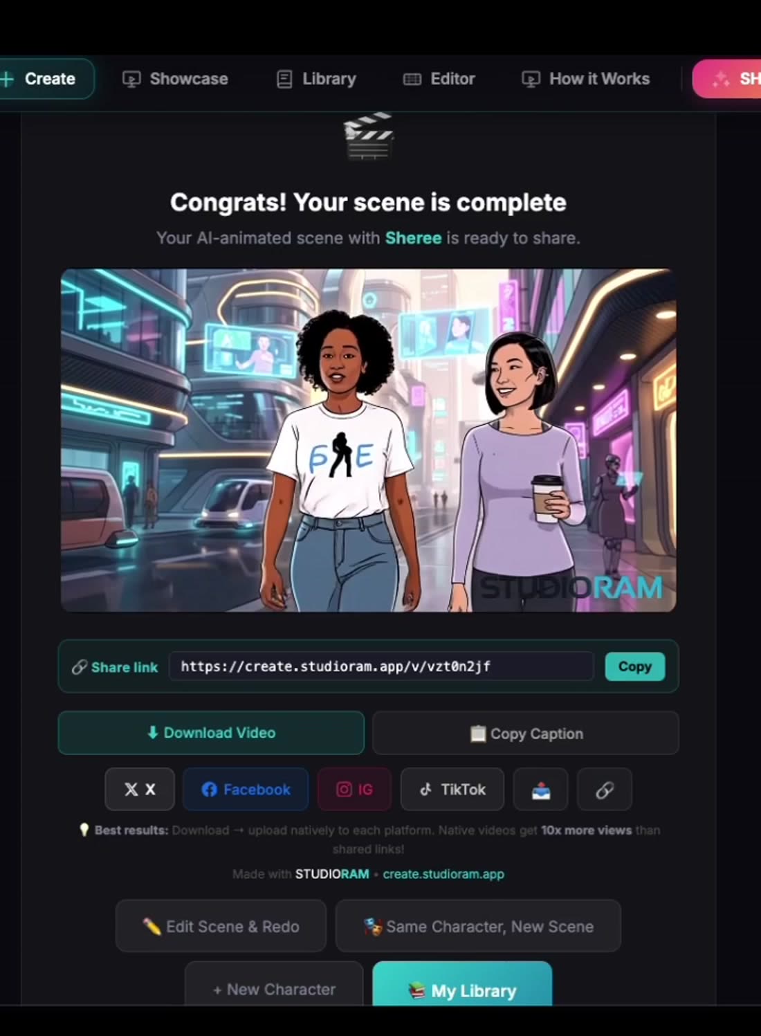 Finished scene screen with download, share link, and library actions