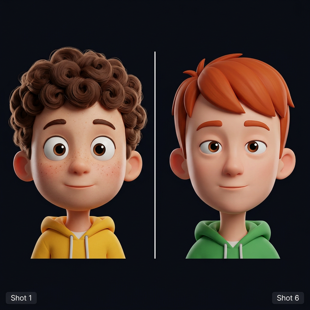 3D cartoon character drift — Shot 1 vs Shot 6