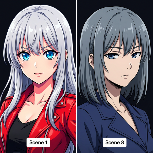 Anime character drift — Scene 1 vs Scene 8