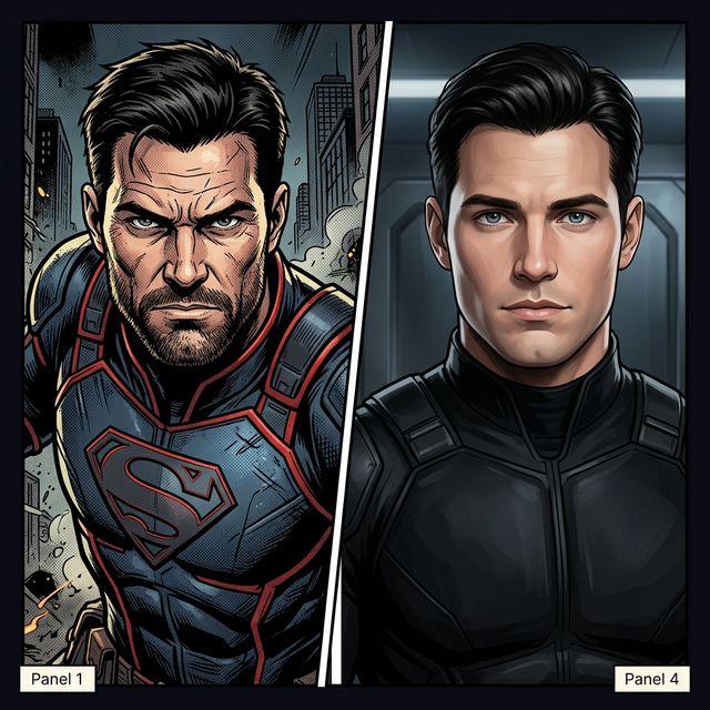 Comic book character drift — Panel 1 vs Panel 4