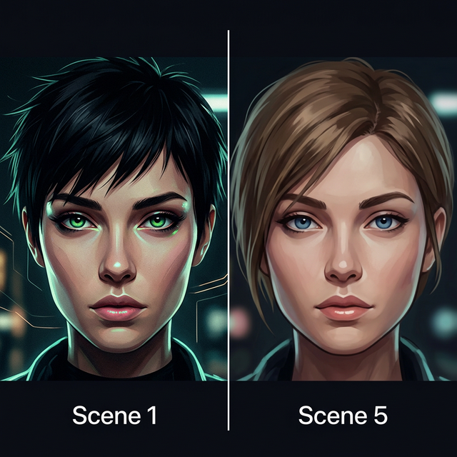 The same character drifting between scene 1 and scene 5 — hair and eye colour have changed