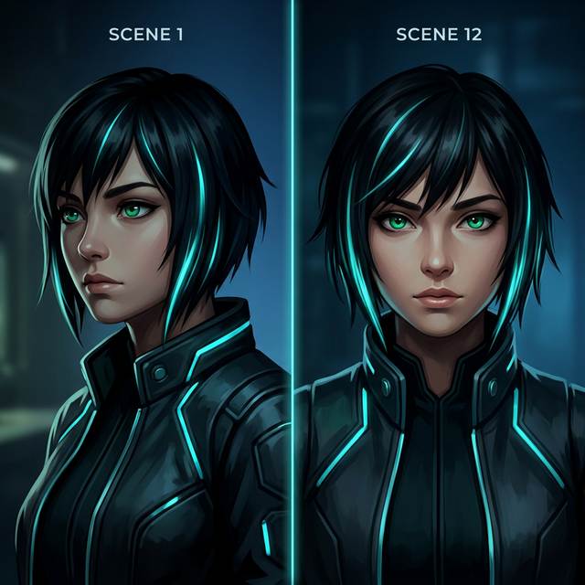 The same character holding identity from scene 1 to scene 12